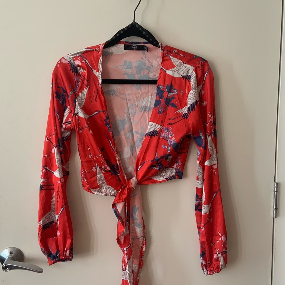 Missguided wrap-up satin long sleeve blouse